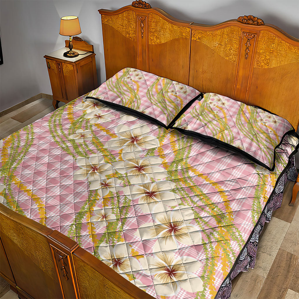 Akala Hamele Palaka Plumeria Quilt Bed Set Puakenikeni and Maile Lei