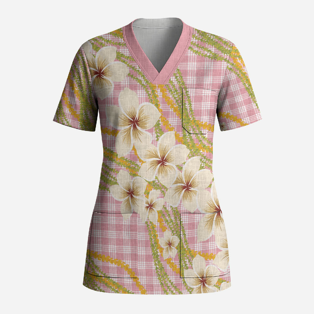 Akala Hamele Palaka Plumeria Scrub Top Puakenikeni and Maile Lei