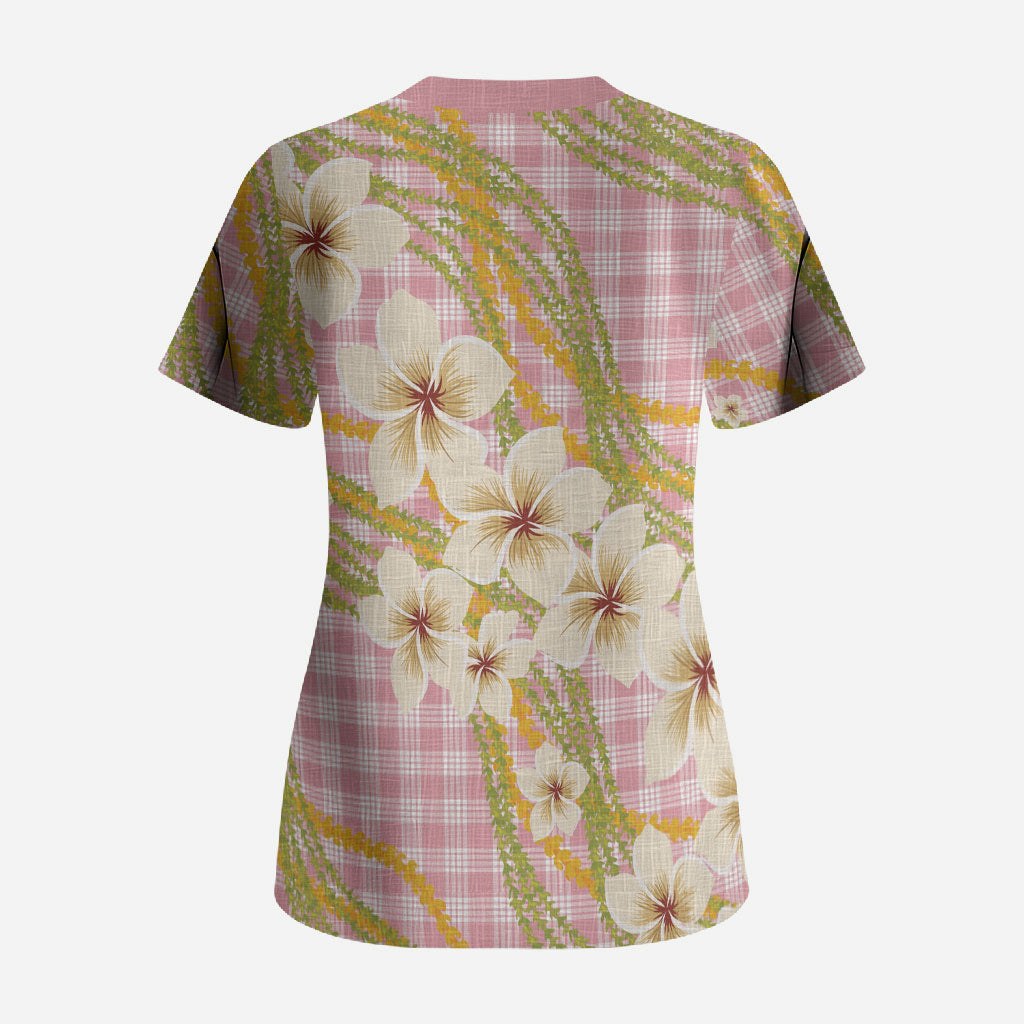 Akala Hamele Palaka Plumeria Scrub Top Puakenikeni and Maile Lei
