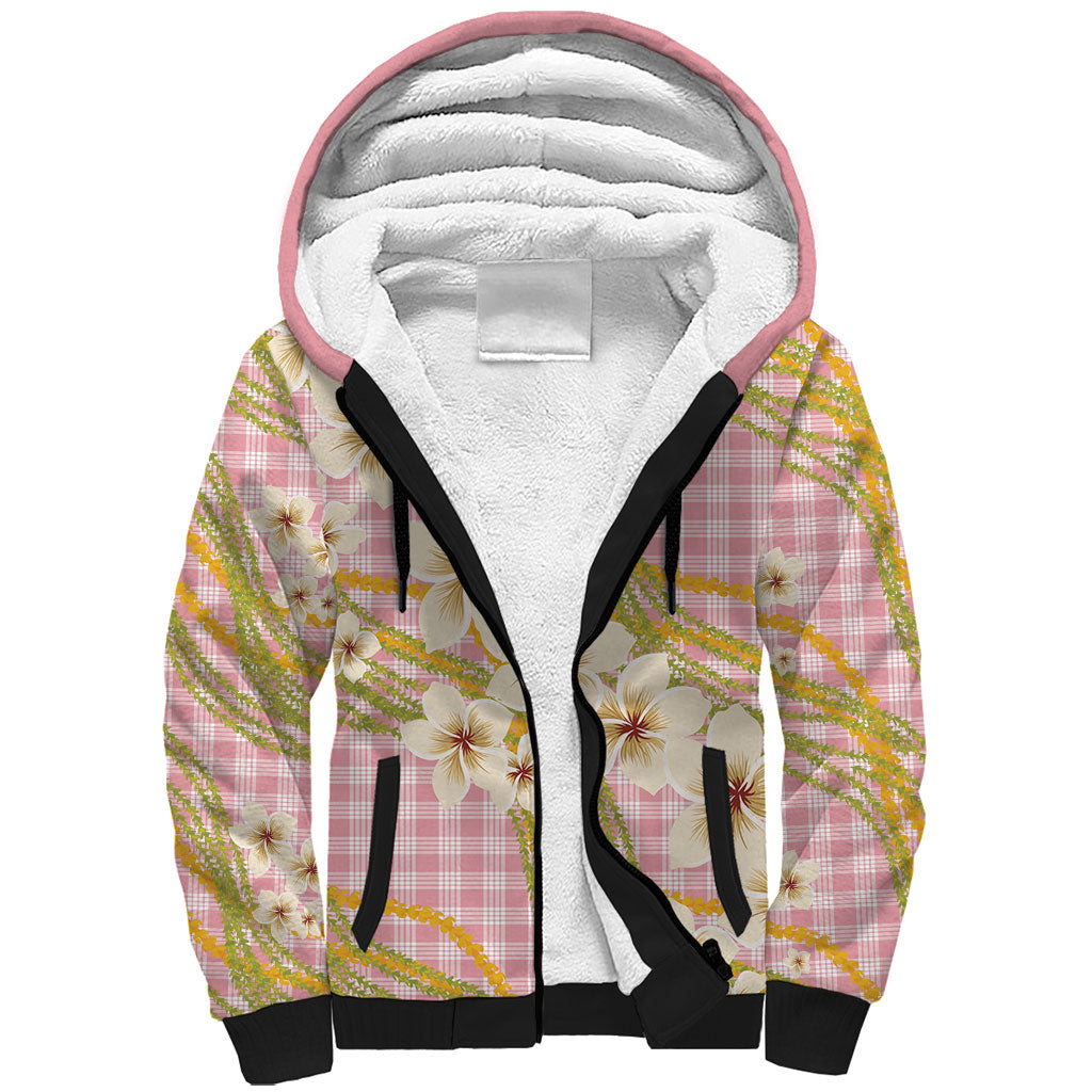 Akala Hamele Palaka Plumeria Sherpa Hoodie Puakenikeni and Maile Lei