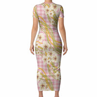 Akala Hamele Palaka Plumeria Short Sleeve Bodycon Dress Puakenikeni and Maile Lei