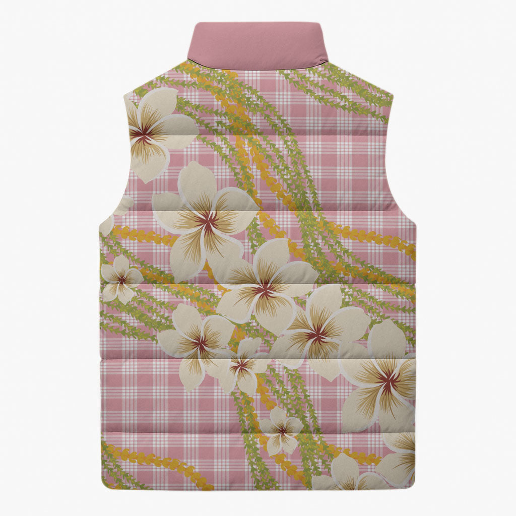 Akala Hamele Palaka Plumeria Sleeveless Puffer Jacket Puakenikeni and Maile Lei