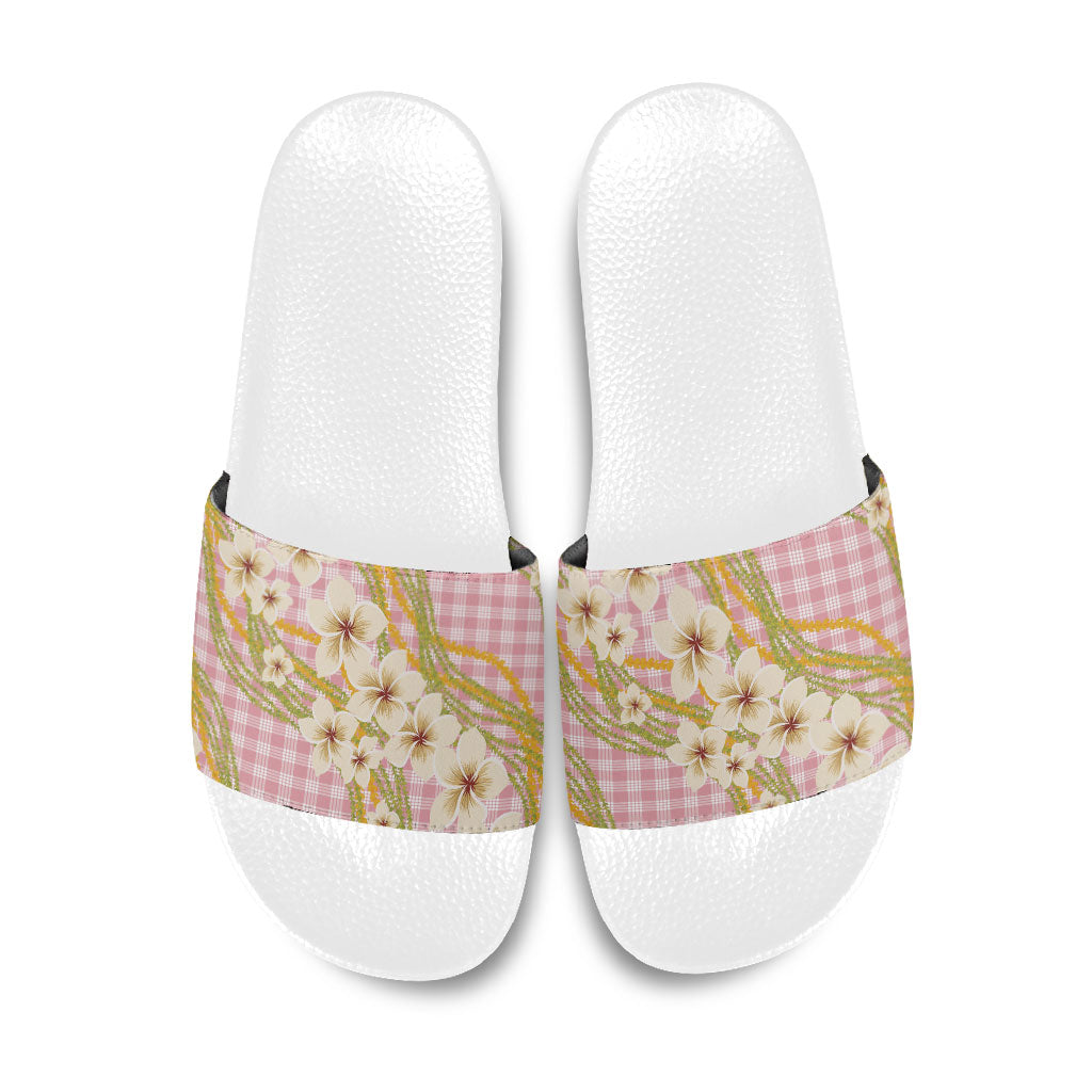 Akala Hamele Palaka Plumeria Slide Sandals Puakenikeni and Maile Lei