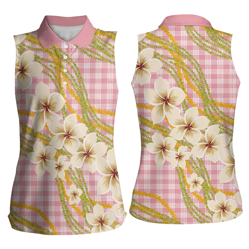 Akala Hamele Palaka Plumeria Women Sleeveless Polo Shirt Puakenikeni and Maile Lei