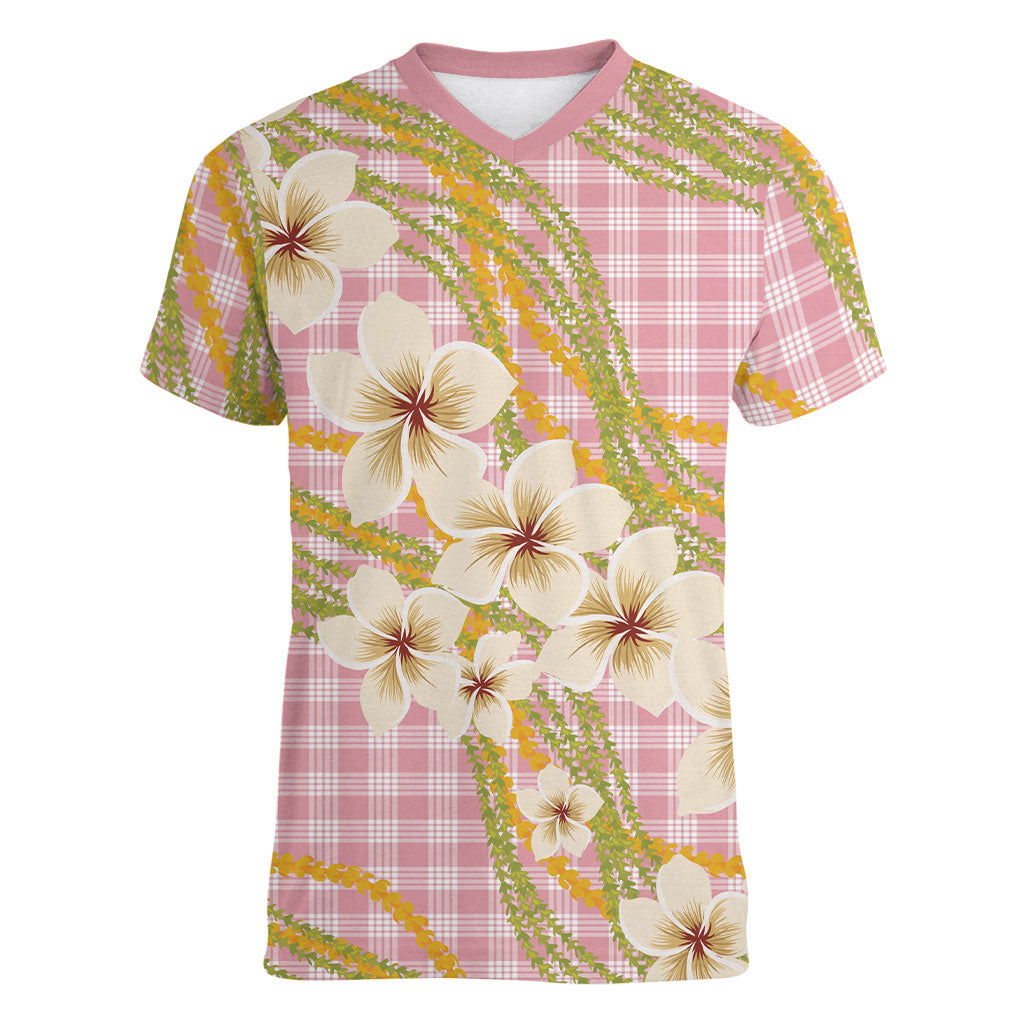 Akala Hamele Palaka Plumeria Women V-Neck T-Shirt Puakenikeni and Maile Lei