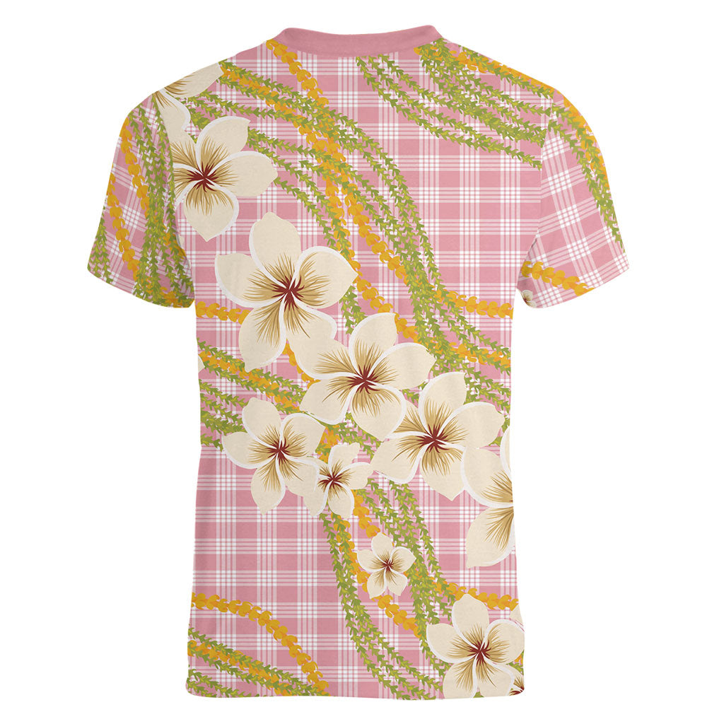 Akala Hamele Palaka Plumeria Women V-Neck T-Shirt Puakenikeni and Maile Lei