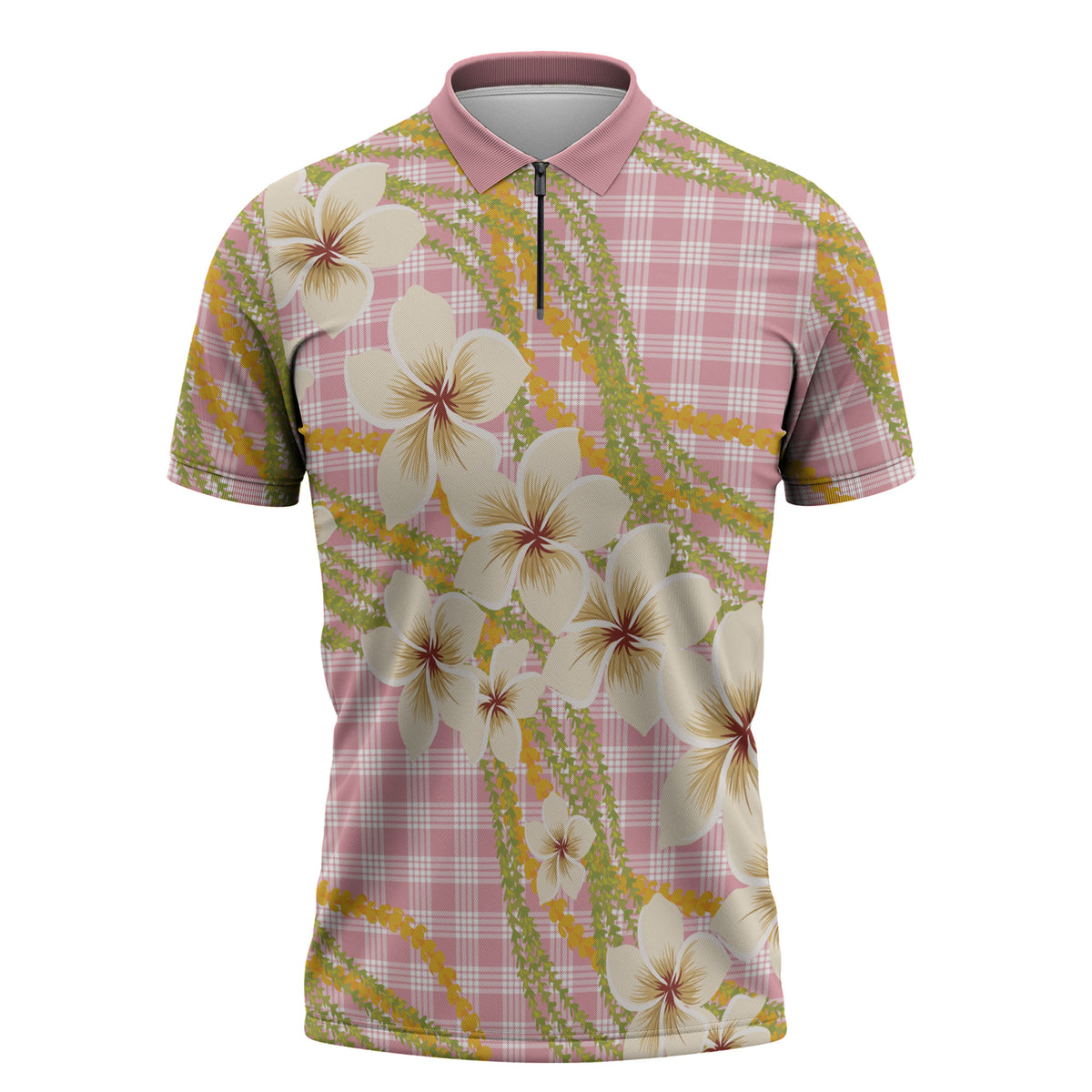 Akala Hamele Palaka Plumeria Zipper Polo Shirt Puakenikeni and Maile Lei