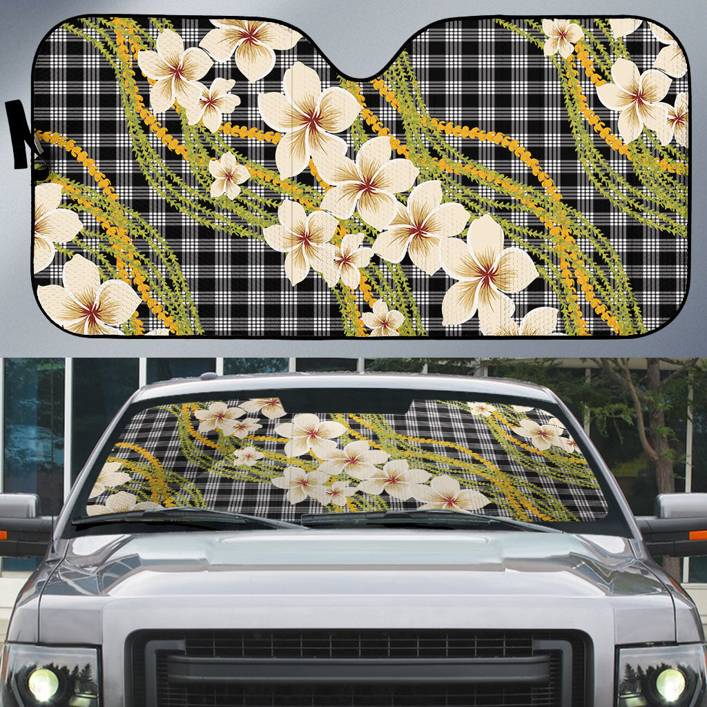 Ele'ele Hawai'i Palaka Plumeria Auto Sun Shade Puakenikeni and Maile Lei