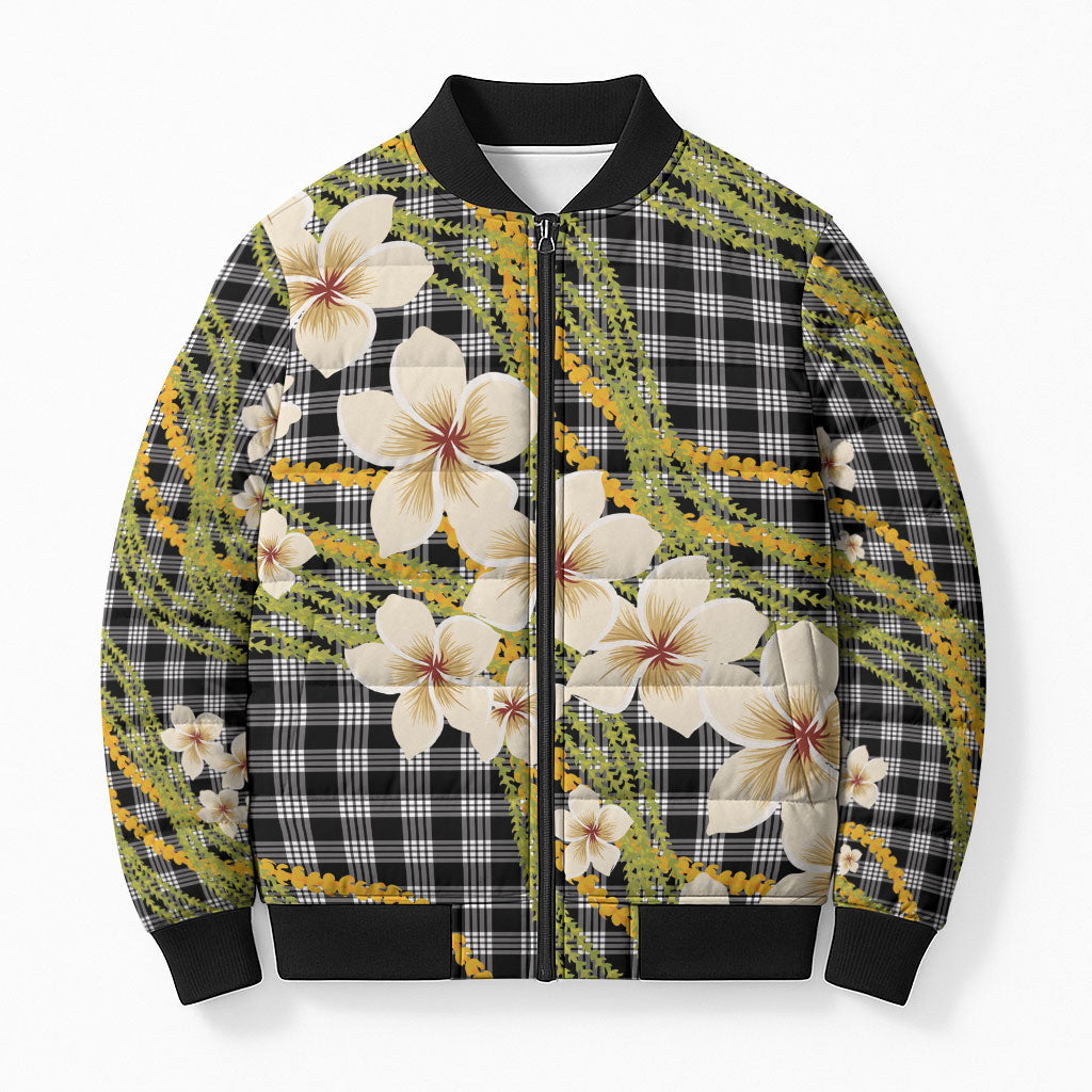 Ele'ele Hawai'i Palaka Plumeria Bomber Puffer Jacket Puakenikeni and Maile Lei
