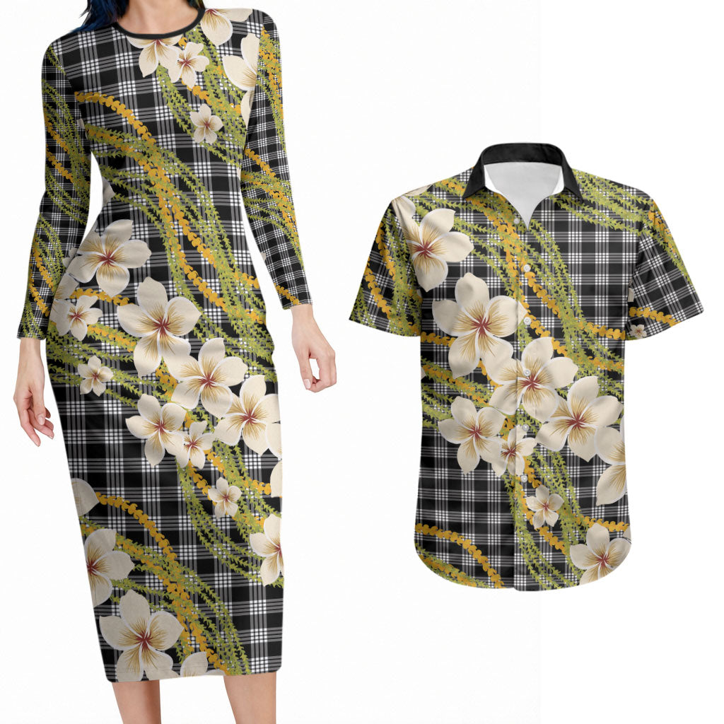Ele'ele Hawai'i Palaka Plumeria Couples Matching Long Sleeve Bodycon Dress and Hawaiian Shirt Puakenikeni and Maile Lei