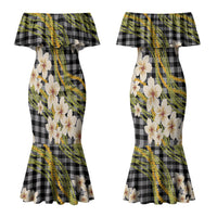 Ele'ele Hawai'i Palaka Plumeria Couples Matching Mermaid Dress and Long Sleeve Button Shirt Puakenikeni and Maile Lei