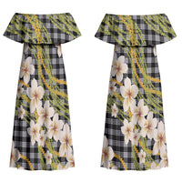 Ele'ele Hawai'i Palaka Plumeria Couples Matching Off Shoulder Maxi Dress and Long Sleeve Button Shirt Puakenikeni and Maile Lei