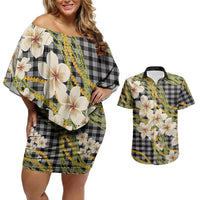 Ele'ele Hawai'i Palaka Plumeria Couples Matching Off Shoulder Short Dress and Hawaiian Shirt Puakenikeni and Maile Lei
