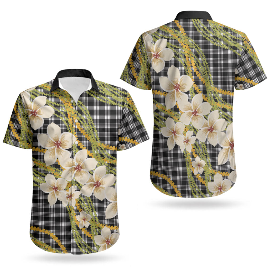 Ele'ele Hawai'i Palaka Plumeria Couples Matching Off Shoulder Short Dress and Hawaiian Shirt Puakenikeni and Maile Lei