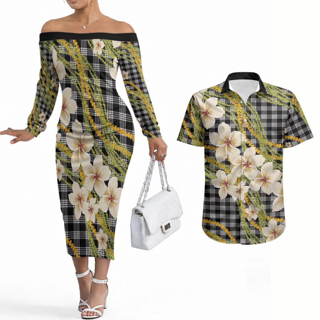 Ele'ele Hawai'i Palaka Plumeria Couples Matching Off The Shoulder Long Sleeve Dress and Hawaiian Shirt Puakenikeni and Maile Lei