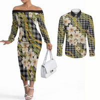Ele'ele Hawai'i Palaka Plumeria Couples Matching Off The Shoulder Long Sleeve Dress and Long Sleeve Button Shirt Puakenikeni and Maile Lei