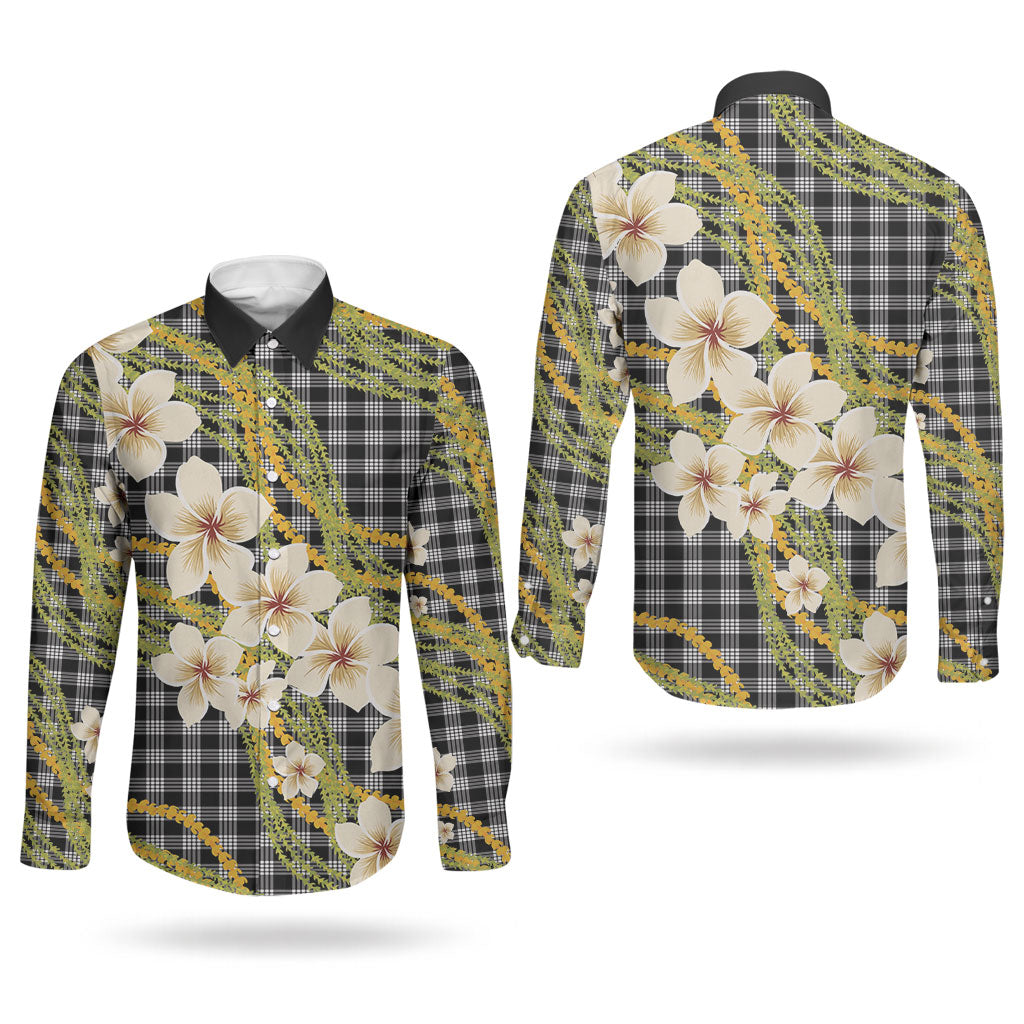 Ele'ele Hawai'i Palaka Plumeria Couples Matching Puletasi and Long Sleeve Button Shirt Puakenikeni and Maile Lei