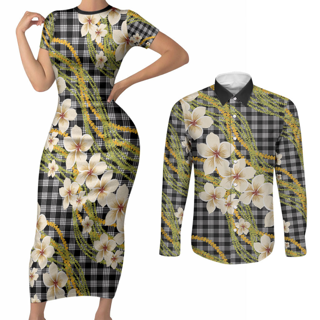 Ele'ele Hawai'i Palaka Plumeria Couples Matching Short Sleeve Bodycon Dress and Long Sleeve Button Shirt Puakenikeni and Maile Lei