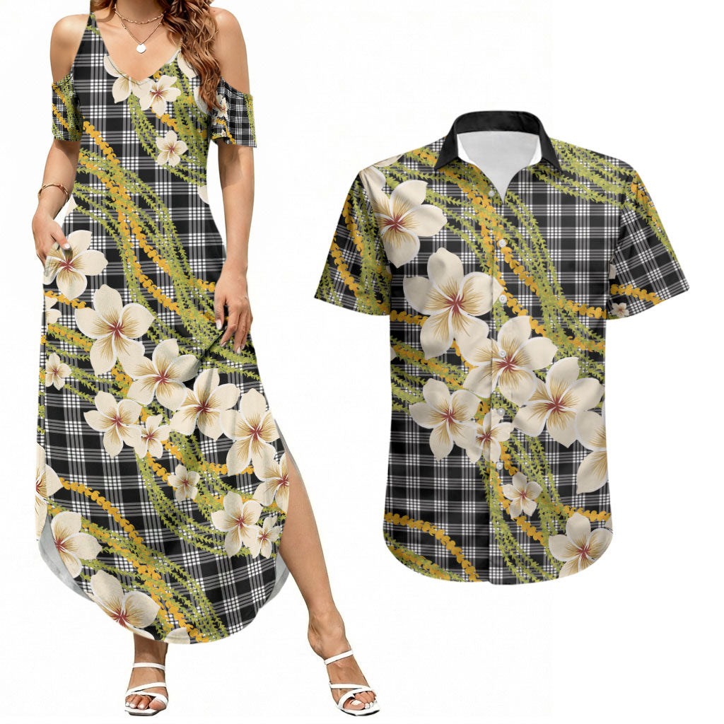 Ele'ele Hawai'i Palaka Plumeria Couples Matching Summer Maxi Dress and Hawaiian Shirt Puakenikeni and Maile Lei