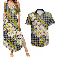 Ele'ele Hawai'i Palaka Plumeria Couples Matching Summer Maxi Dress and Hawaiian Shirt Puakenikeni and Maile Lei
