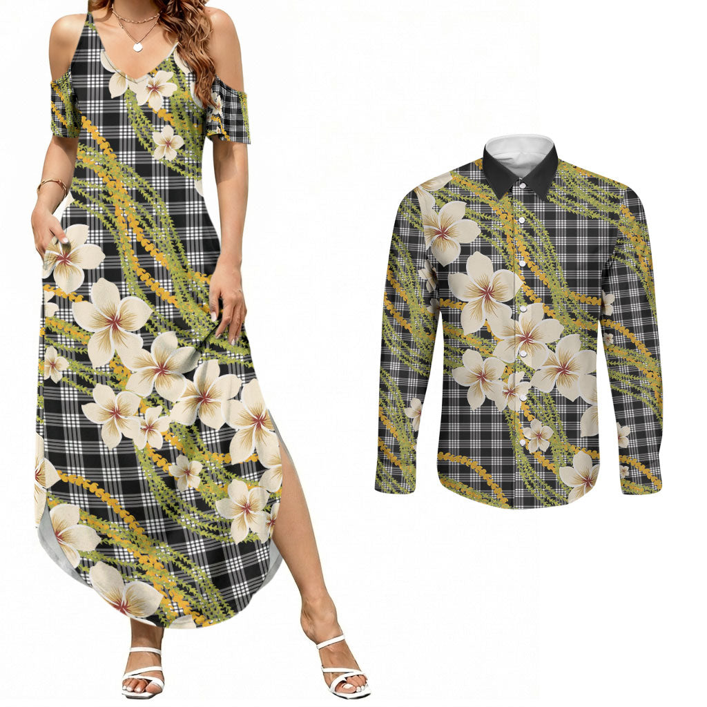 Ele'ele Hawai'i Palaka Plumeria Couples Matching Summer Maxi Dress and Long Sleeve Button Shirt Puakenikeni and Maile Lei