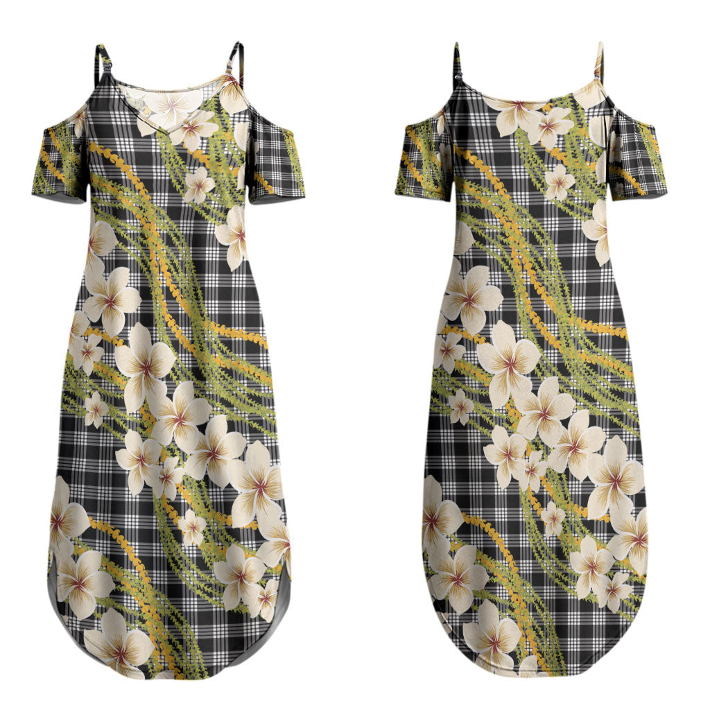 Ele'ele Hawai'i Palaka Plumeria Couples Matching Summer Maxi Dress and Long Sleeve Button Shirt Puakenikeni and Maile Lei