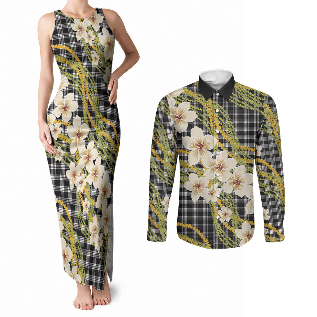 Ele'ele Hawai'i Palaka Plumeria Couples Matching Tank Maxi Dress and Long Sleeve Button Shirt Puakenikeni and Maile Lei