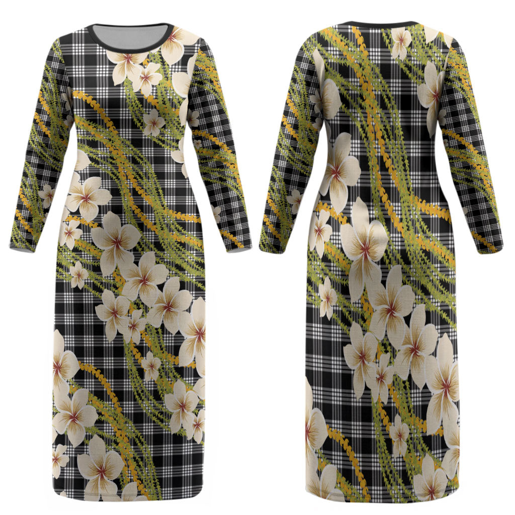 Ele'ele Hawai'i Palaka Plumeria Family Matching Long Sleeve Bodycon Dress and Hawaiian Shirt Puakenikeni and Maile Lei