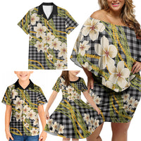 Ele'ele Hawai'i Palaka Plumeria Family Matching Off Shoulder Short Dress and Hawaiian Shirt Puakenikeni and Maile Lei