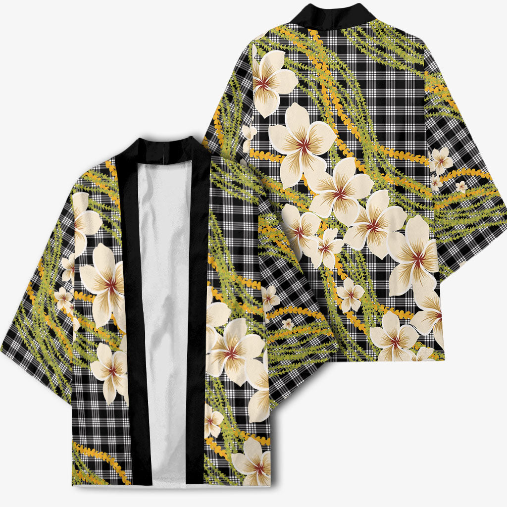 Ele'ele Hawai'i Palaka Plumeria Kimono Puakenikeni and Maile Lei