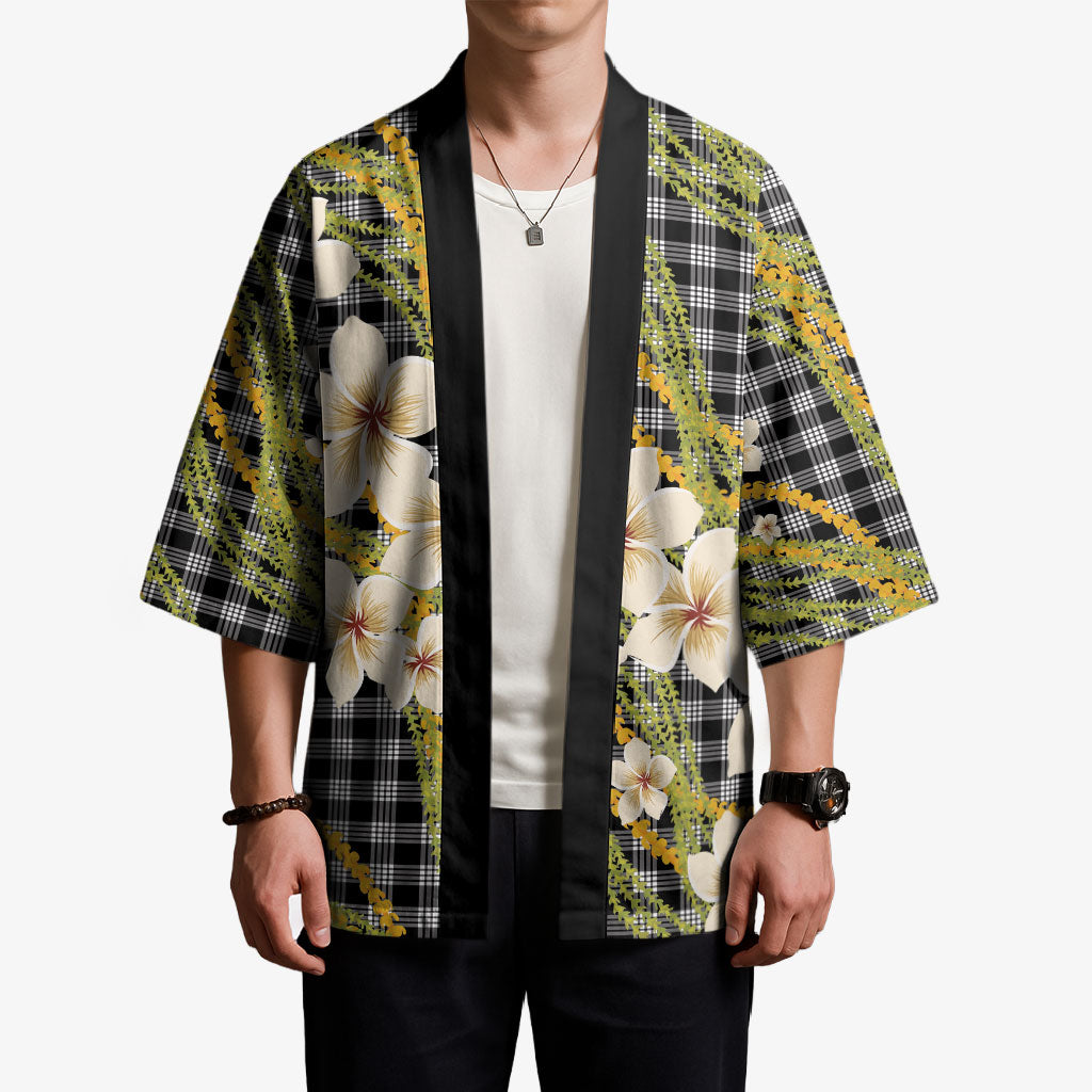 Ele'ele Hawai'i Palaka Plumeria Kimono Puakenikeni and Maile Lei