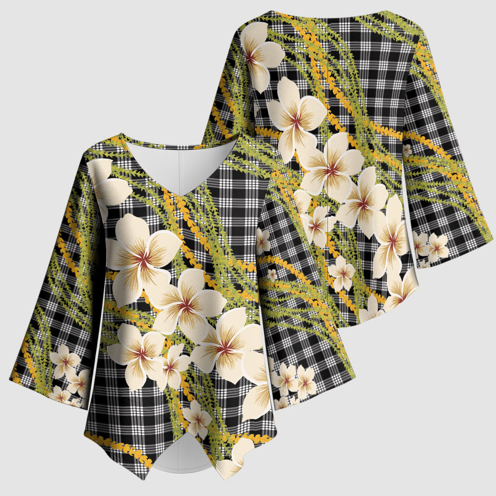 Ele'ele Hawai'i Palaka Plumeria Kimono Sleeve Blouse Puakenikeni and Maile Lei