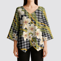 Ele'ele Hawai'i Palaka Plumeria Kimono Sleeve Blouse Puakenikeni and Maile Lei