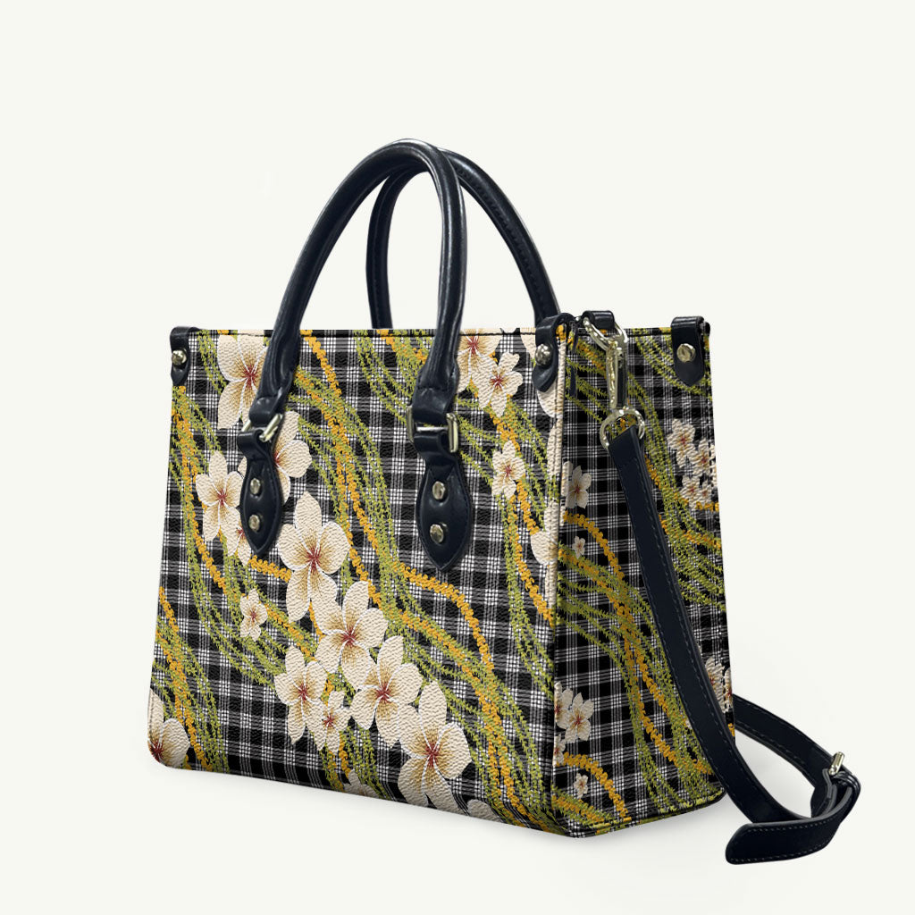 Ele'ele Hawai'i Palaka Plumeria Leather Bag Puakenikeni and Maile Lei