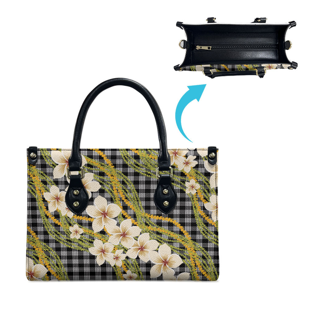 Ele'ele Hawai'i Palaka Plumeria Leather Bag Puakenikeni and Maile Lei