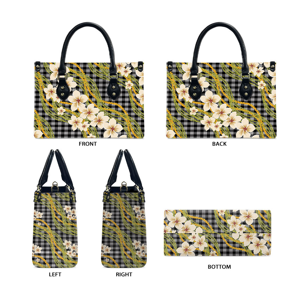 Ele'ele Hawai'i Palaka Plumeria Leather Bag Puakenikeni and Maile Lei