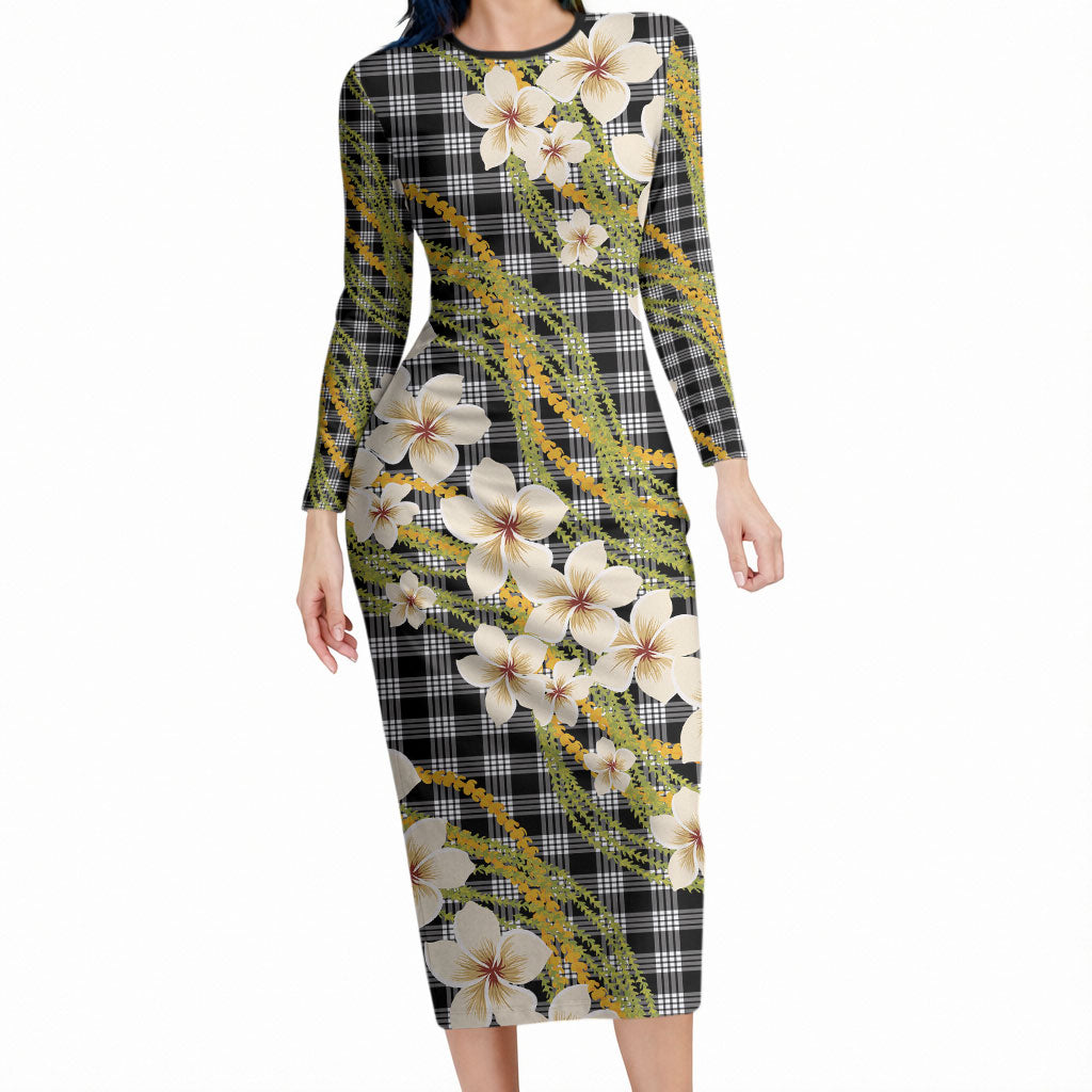 Ele'ele Hawai'i Palaka Plumeria Long Sleeve Bodycon Dress Puakenikeni and Maile Lei