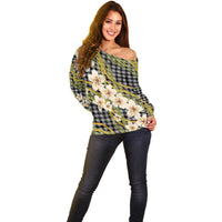 Ele'ele Hawai'i Palaka Plumeria Off Shoulder Sweater Puakenikeni and Maile Lei