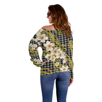 Ele'ele Hawai'i Palaka Plumeria Off Shoulder Sweater Puakenikeni and Maile Lei