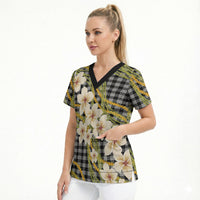 Ele'ele Hawai'i Palaka Plumeria Scrub Top Puakenikeni and Maile Lei