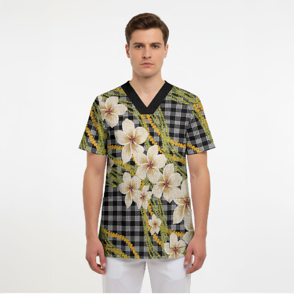 Ele'ele Hawai'i Palaka Plumeria Scrub Top Puakenikeni and Maile Lei