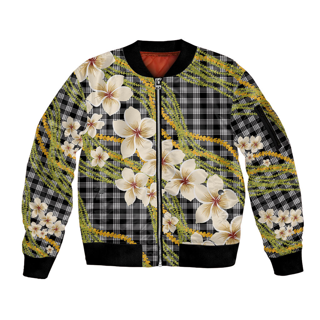 Ele'ele Hawai'i Palaka Plumeria Sleeve Zip Bomber Jacket Puakenikeni and Maile Lei