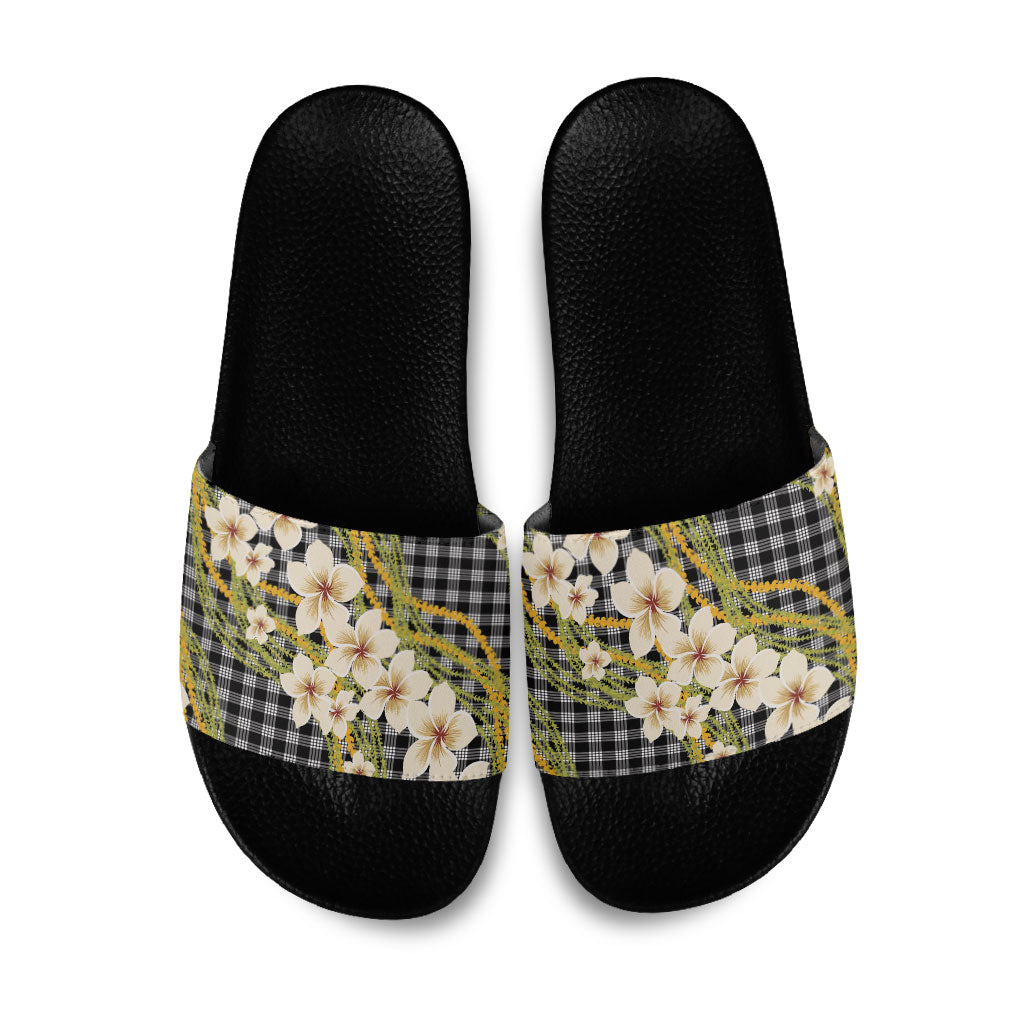 Ele'ele Hawai'i Palaka Plumeria Slide Sandals Puakenikeni and Maile Lei