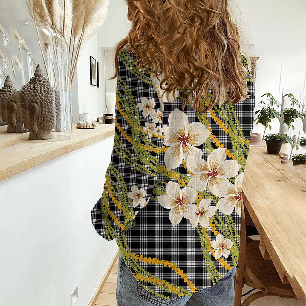 Ele'ele Hawai'i Palaka Plumeria Women Casual Shirt Puakenikeni and Maile Lei