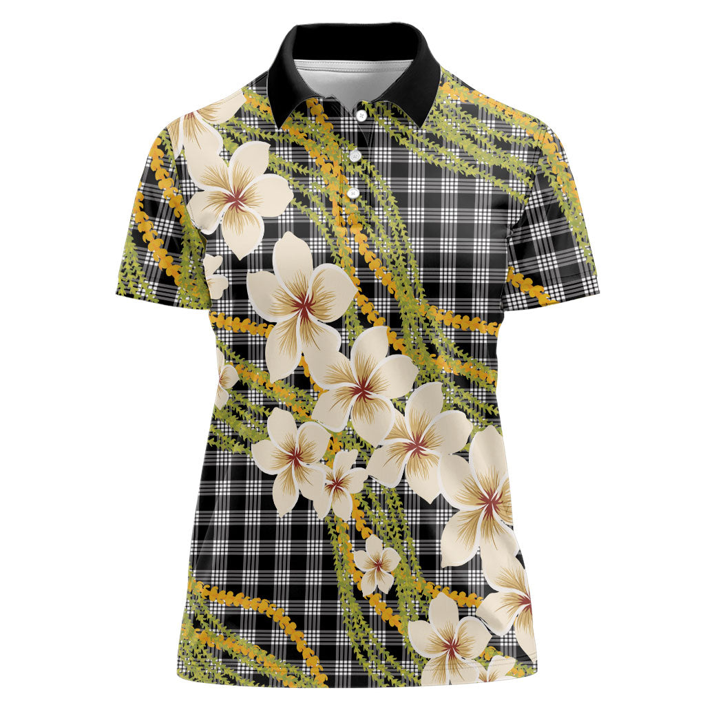 Ele'ele Hawai'i Palaka Plumeria Women Polo Shirt Puakenikeni and Maile Lei