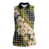 Ele'ele Hawai'i Palaka Plumeria Women Sleeveless Polo Shirt Puakenikeni and Maile Lei