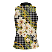 Ele'ele Hawai'i Palaka Plumeria Women Sleeveless Polo Shirt Puakenikeni and Maile Lei