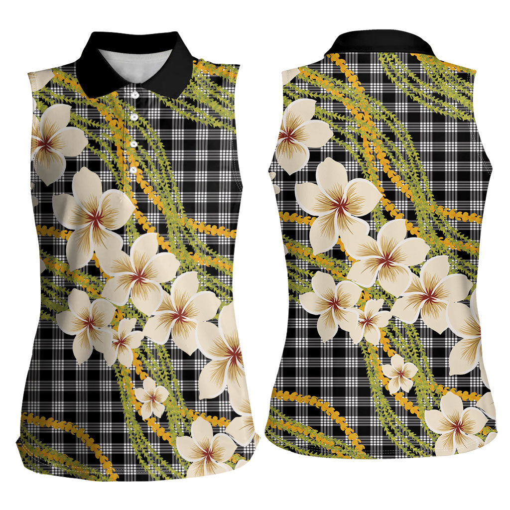 Ele'ele Hawai'i Palaka Plumeria Women Sleeveless Polo Shirt Puakenikeni and Maile Lei