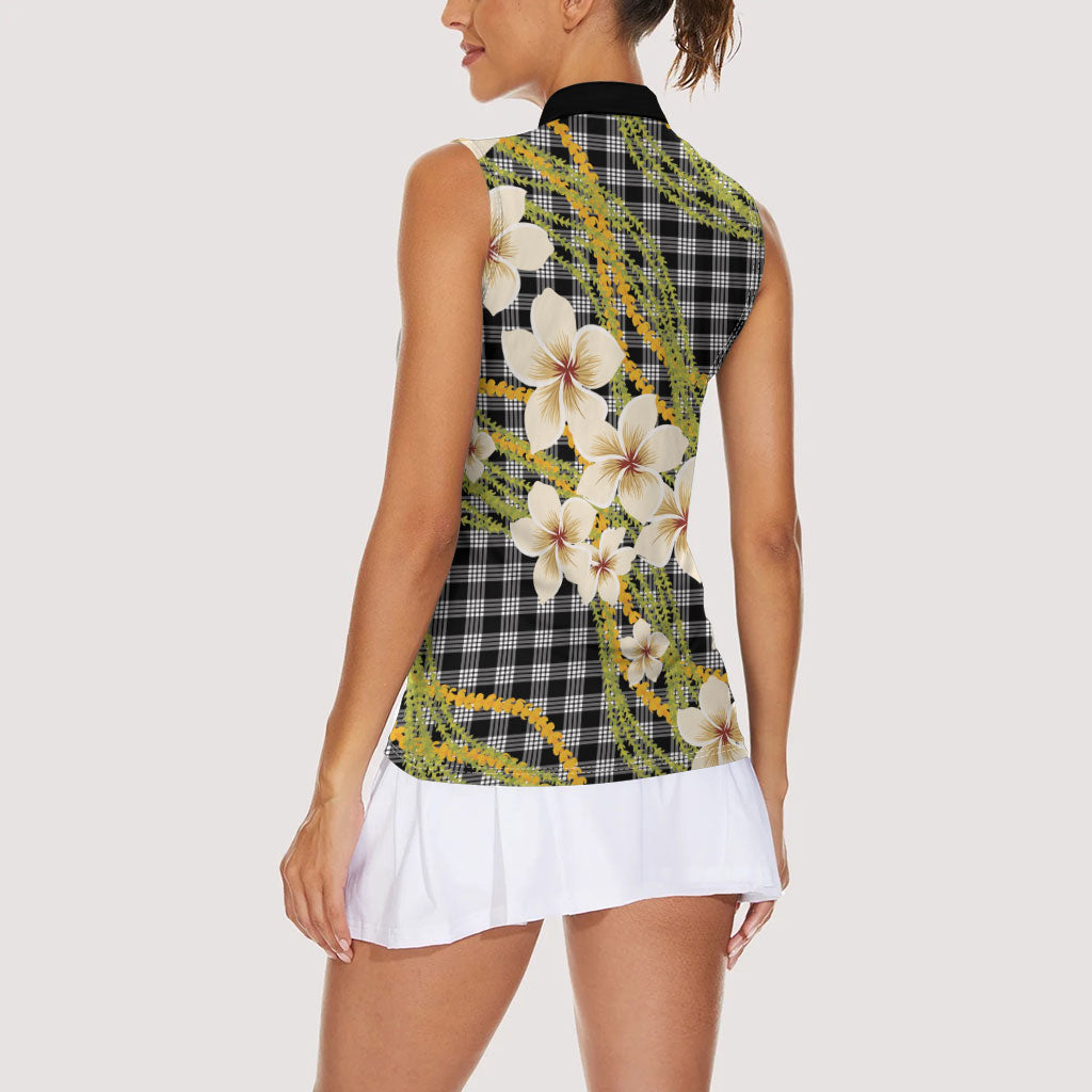 Ele'ele Hawai'i Palaka Plumeria Women Sleeveless Polo Shirt Puakenikeni and Maile Lei