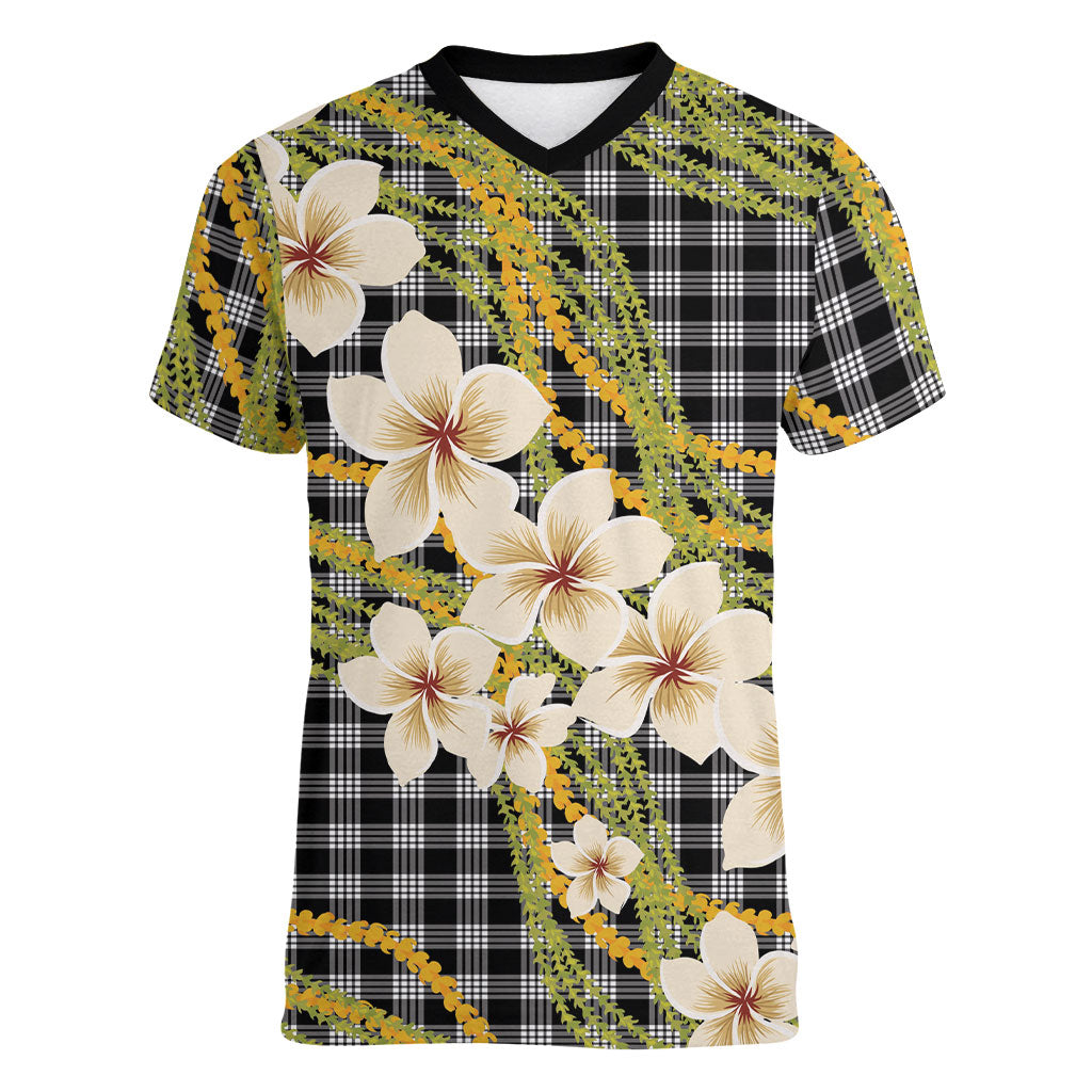 Ele'ele Hawai'i Palaka Plumeria Women V-Neck T-Shirt Puakenikeni and Maile Lei